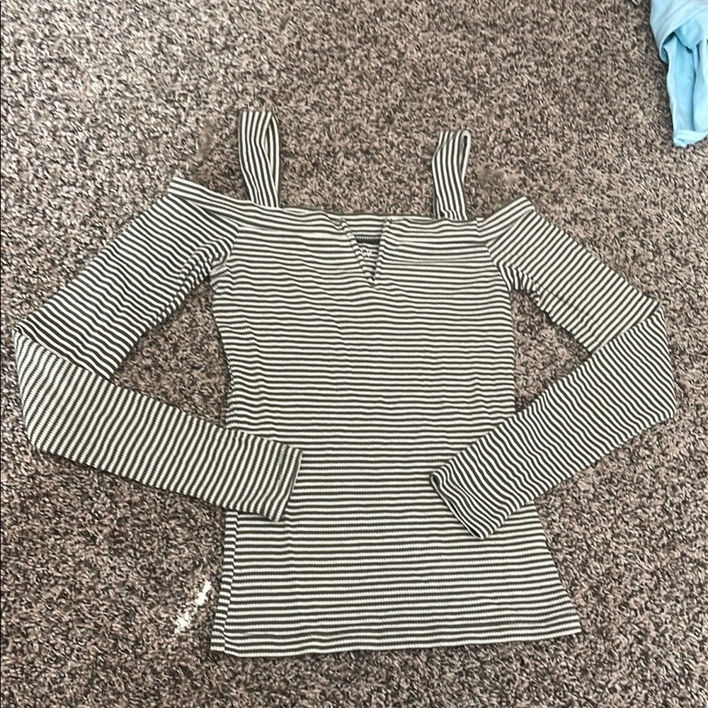 Chic Olive and White Off The Shoulder Striped Long Sleeve Top
